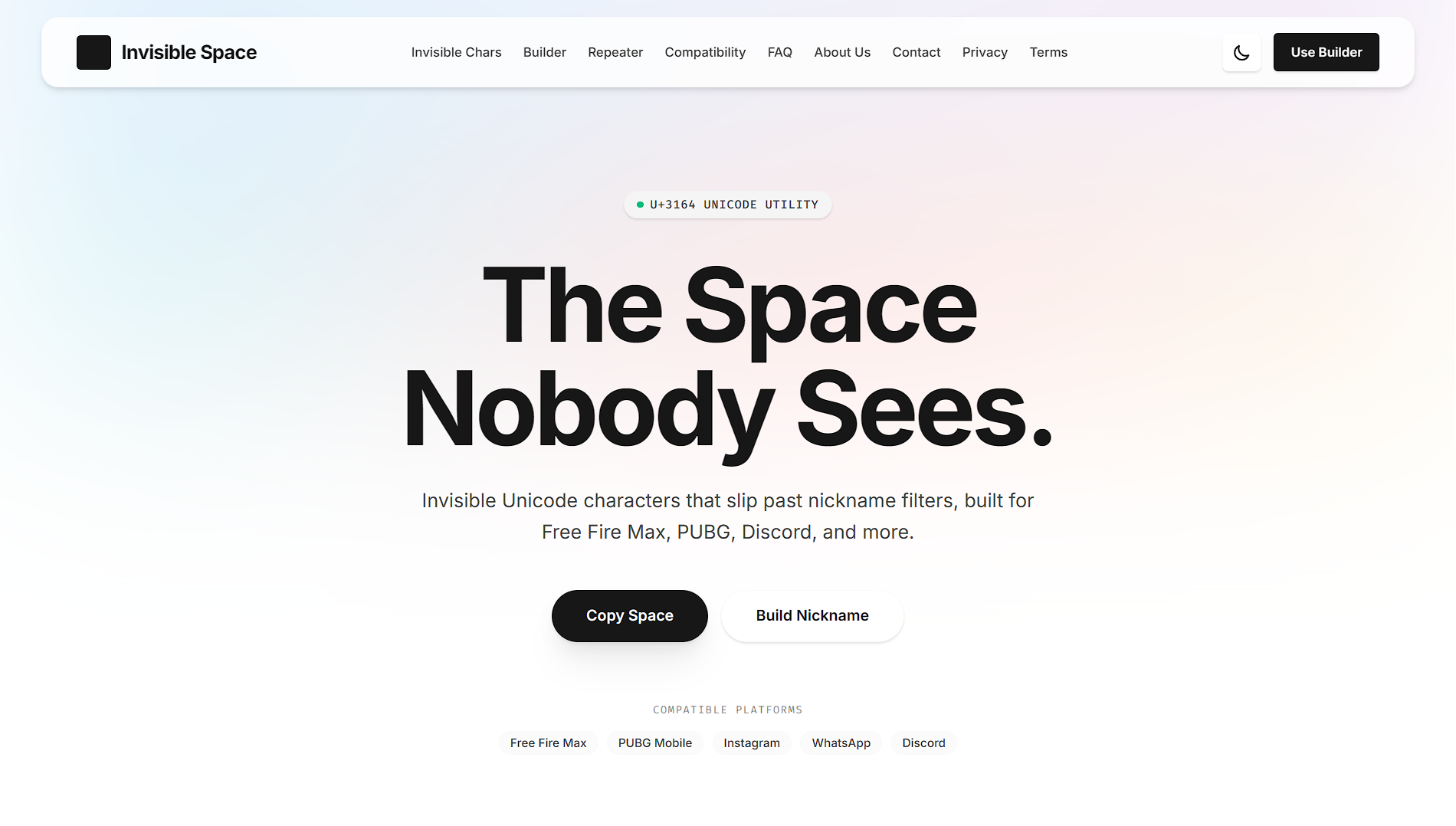 FF Invisible Space — Unicode character and blank space generator tool interface