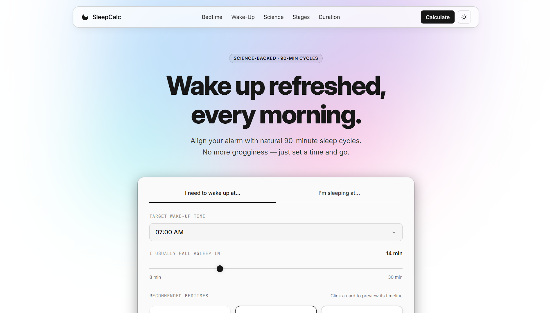 Sleep Time Calculator — 90-minute sleep cycle and bedtime calculation tool interface