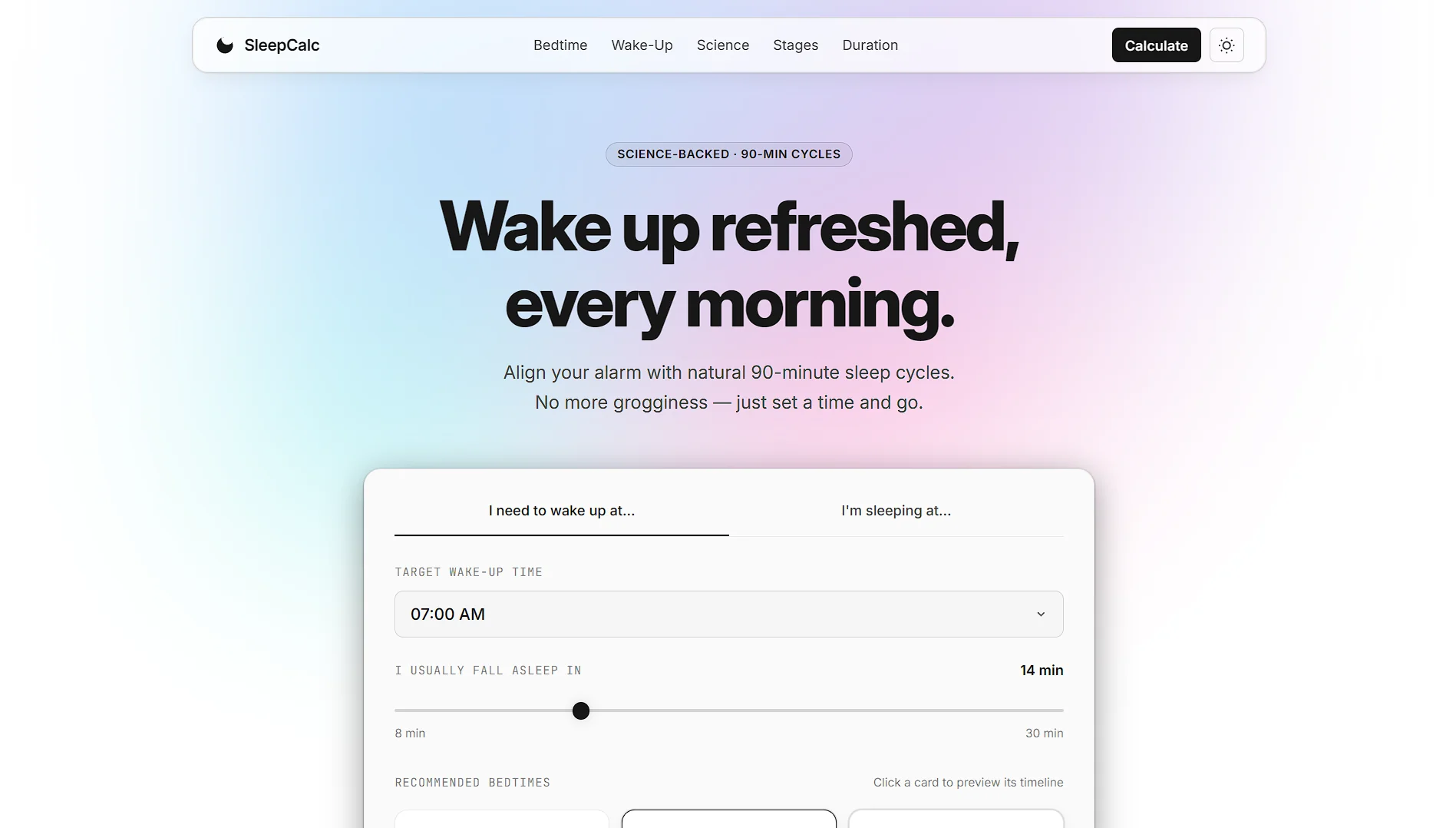 Sleep Time Calculator — 90-minute sleep cycle and bedtime calculation tool interface